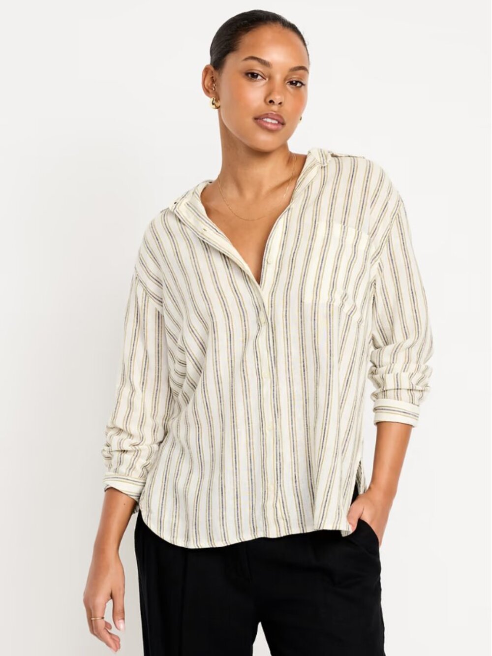 NWT Old Navy Linen-Blend Loose Button-Down Shirt, Neutral Stripe - Size XS
